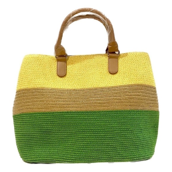 NEW — Amiani Large Straw Beach Tote Bag in Metallic Gold, Green, and Natural - Picture 2 of 8